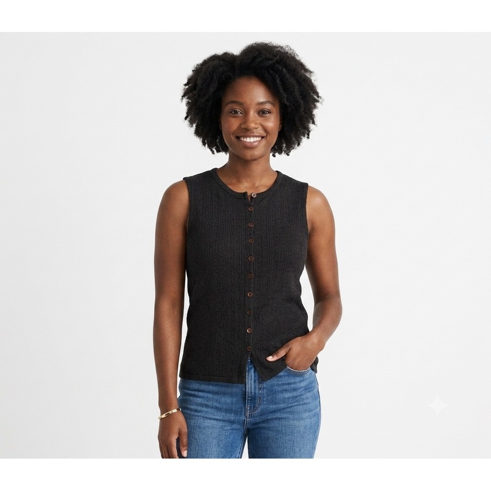 Madewell Sweater Womens S Pointelle Cutaway Vest Brown Shell Button Knit NY278